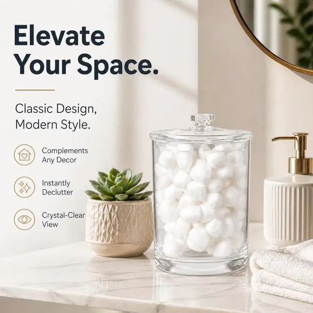 Alt view image 6 of 6 - ForPro Clear Acrylic Apothecary Jar with Lid, 60 Oz Shatterproof Bathroom Vanity Organizer, Cotton Ball Holder, Qtip Storage Container Canister for Kitchen, Laundry, Office Decor, 7.75" x 5"