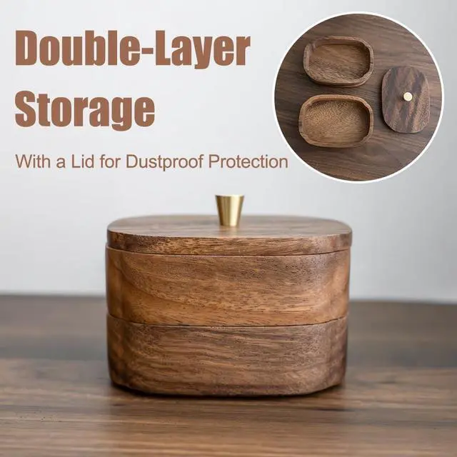 Alt view image 3 of 7 - Acacia Wood Qtip Holder Bathroom Jars with Lids, Double-Layer Canisters for Cotton Ball/Round/Pads, Floss Pick Storage, Jars for Bathroom Countertop/Vanity Organizer, Home Decor