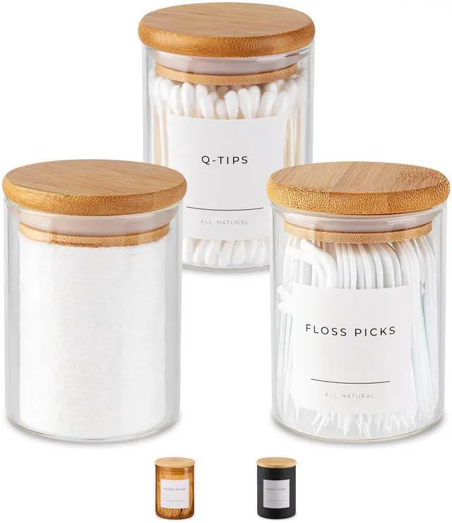 Main image of Mini Glass Apothecary Jars with Bamboo Lids, Small Bathroom and Kitchen Storage Containers, For Cotton Balls, Pads and Swabs, 10 oz, Set of 3 (Clear)