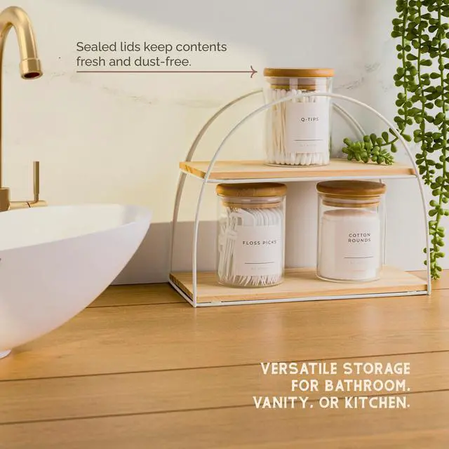 Alt view image 3 of 5 - Mini Glass Apothecary Jars with Bamboo Lids, Small Bathroom and Kitchen Storage Containers, For Cotton Balls, Pads and Swabs, 10 oz, Set of 3 (Clear)