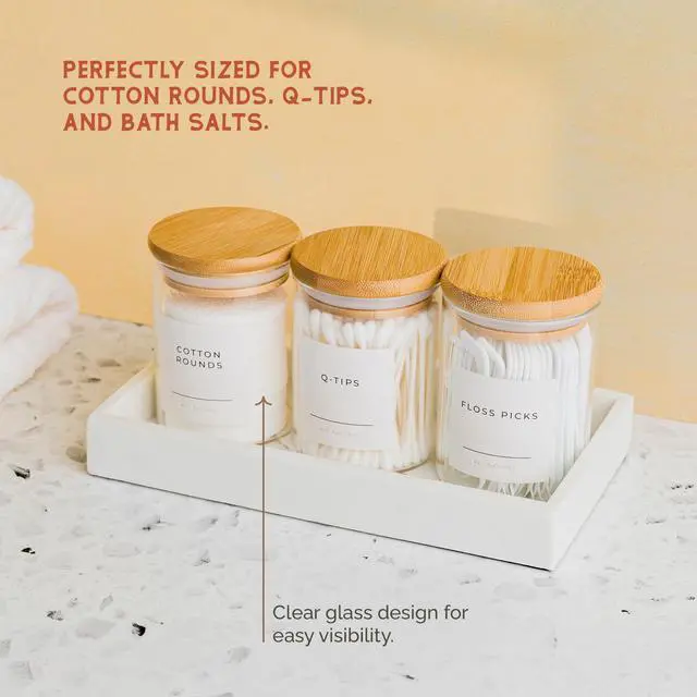 Alt view image 2 of 5 - Mini Glass Apothecary Jars with Bamboo Lids, Small Bathroom and Kitchen Storage Containers, For Cotton Balls, Pads and Swabs, 10 oz, Set of 3 (Clear)