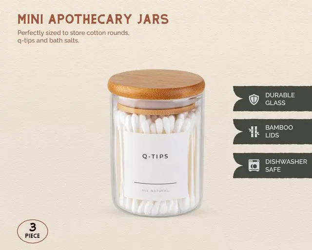 Alt view image 5 of 5 - Mini Glass Apothecary Jars with Bamboo Lids, Small Bathroom and Kitchen Storage Containers, For Cotton Balls, Pads and Swabs, 10 oz, Set of 3 (Clear)