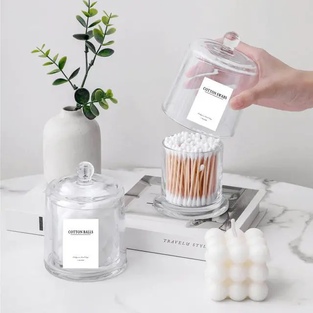 Alt view image 2 of 7 - 2 Pack Qtip Holder Thick Glass Apothecary Jars with Lid for Bathroom Accessories Vanity Organizers and Makeup Storage for Cotton Ball, Swabs, Makeup Sponges, Candy, Jewelry, Clear