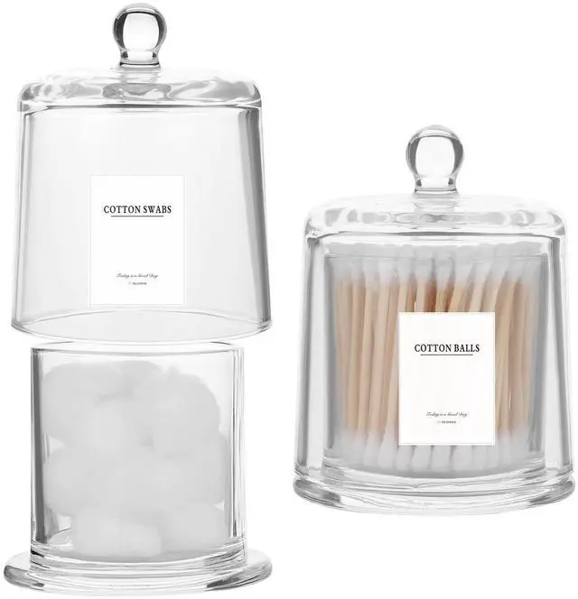 Main image of 2 Pack Qtip Holder Thick Glass Apothecary Jars with Lid for Bathroom Accessories Vanity Organizers and Makeup Storage for Cotton Ball, Swabs, Makeup Sponges, Candy, Jewelry, Clear