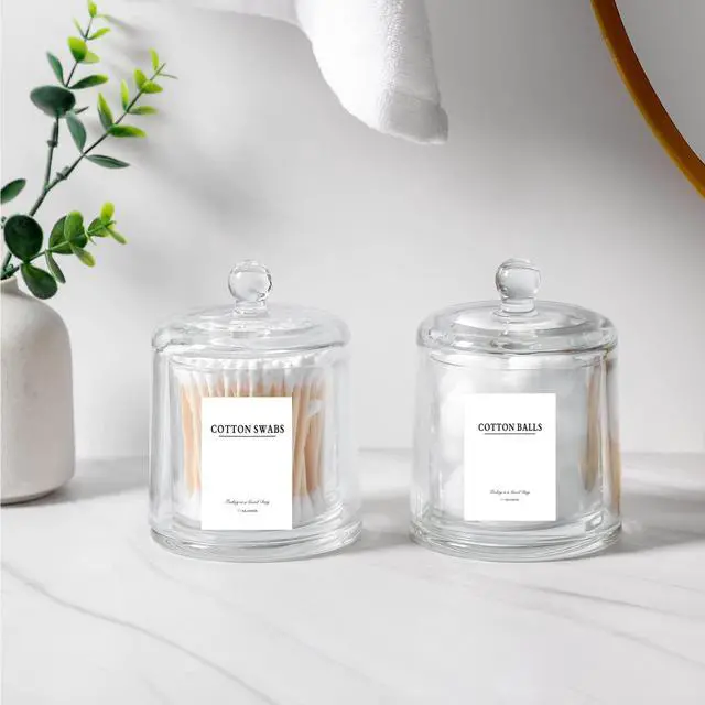 Alt view image 4 of 7 - 2 Pack Qtip Holder Thick Glass Apothecary Jars with Lid for Bathroom Accessories Vanity Organizers and Makeup Storage for Cotton Ball, Swabs, Makeup Sponges, Candy, Jewelry, Clear