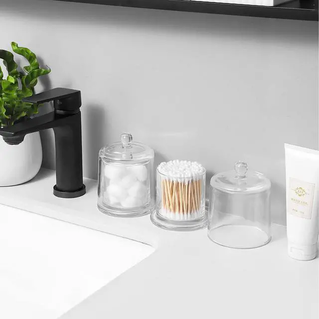 Alt view image 5 of 7 - 2 Pack Qtip Holder Thick Glass Apothecary Jars with Lid for Bathroom Accessories Vanity Organizers and Makeup Storage for Cotton Ball, Swabs, Makeup Sponges, Candy, Jewelry, Clear