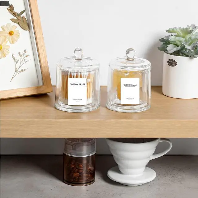 Alt view image 6 of 7 - 2 Pack Qtip Holder Thick Glass Apothecary Jars with Lid for Bathroom Accessories Vanity Organizers and Makeup Storage for Cotton Ball, Swabs, Makeup Sponges, Candy, Jewelry, Clear