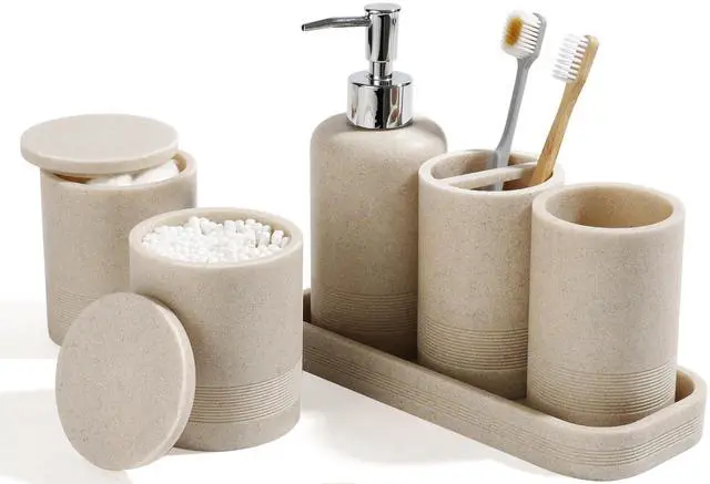 Main image of Bathroom Accessories Set, 6-Piece Bathroom Accessory Set, Toothbrush Holders Set, Soap Dispenser, Vanity Tray, Tumbler, Cotton Swab Jars, Bathroom Organizer for Modern Bathrooms(Beige)