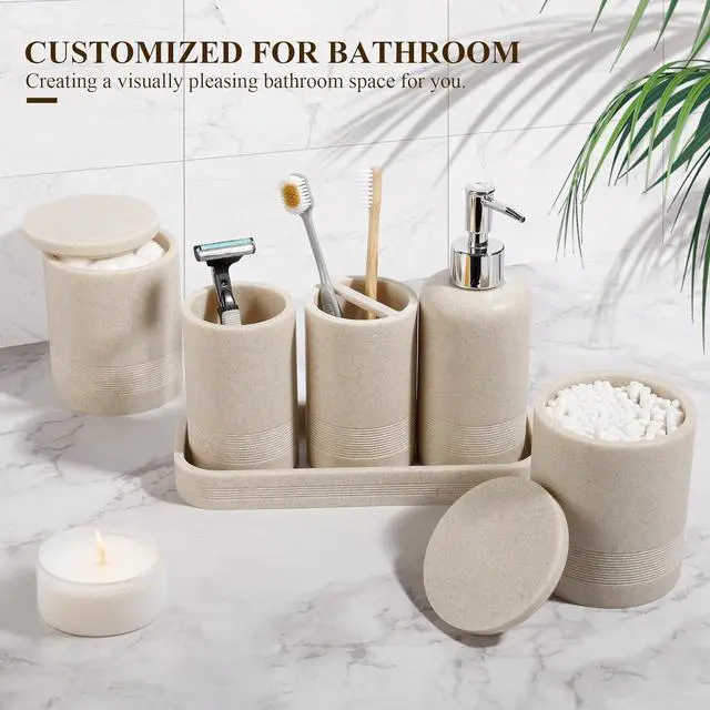 Alt view image 3 of 7 - Bathroom Accessories Set, 6-Piece Bathroom Accessory Set, Toothbrush Holders Set, Soap Dispenser, Vanity Tray, Tumbler, Cotton Swab Jars, Bathroom Organizer for Modern Bathrooms(Beige)