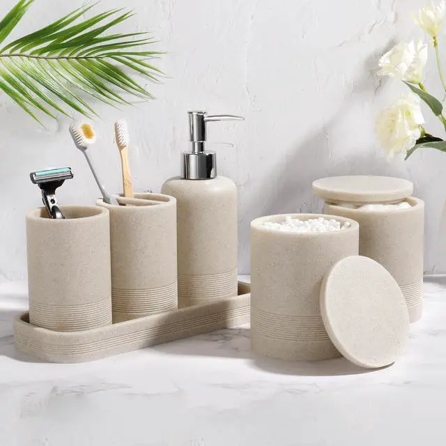 Alt view image 2 of 7 - Bathroom Accessories Set, 6-Piece Bathroom Accessory Set, Toothbrush Holders Set, Soap Dispenser, Vanity Tray, Tumbler, Cotton Swab Jars, Bathroom Organizer for Modern Bathrooms(Beige)