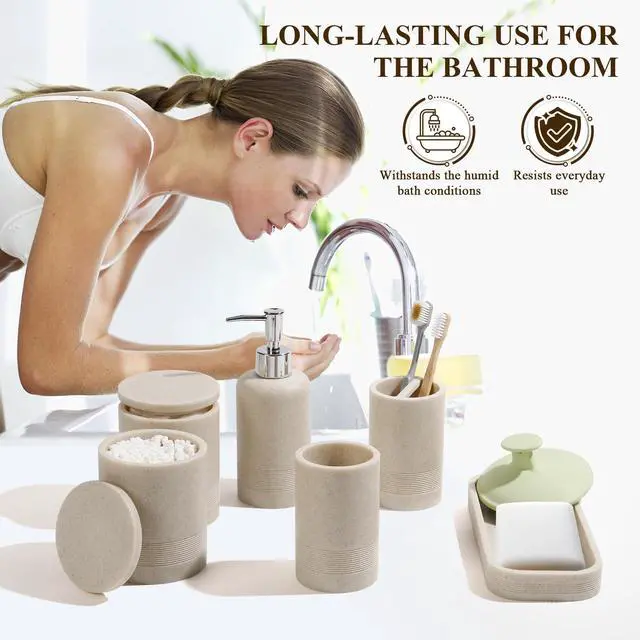 Alt view image 4 of 7 - Bathroom Accessories Set, 6-Piece Bathroom Accessory Set, Toothbrush Holders Set, Soap Dispenser, Vanity Tray, Tumbler, Cotton Swab Jars, Bathroom Organizer for Modern Bathrooms(Beige)