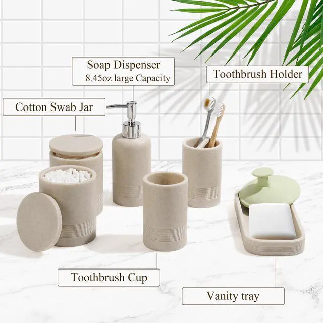Alt view image 6 of 7 - Bathroom Accessories Set, 6-Piece Bathroom Accessory Set, Toothbrush Holders Set, Soap Dispenser, Vanity Tray, Tumbler, Cotton Swab Jars, Bathroom Organizer for Modern Bathrooms(Beige)