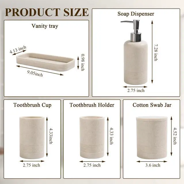 Alt view image 7 of 7 - Bathroom Accessories Set, 6-Piece Bathroom Accessory Set, Toothbrush Holders Set, Soap Dispenser, Vanity Tray, Tumbler, Cotton Swab Jars, Bathroom Organizer for Modern Bathrooms(Beige)