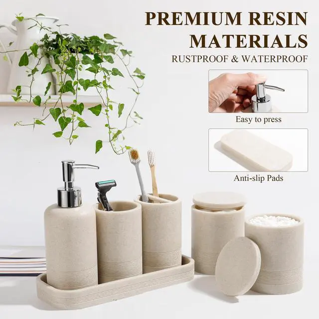 Alt view image 5 of 7 - Bathroom Accessories Set, 6-Piece Bathroom Accessory Set, Toothbrush Holders Set, Soap Dispenser, Vanity Tray, Tumbler, Cotton Swab Jars, Bathroom Organizer for Modern Bathrooms(Beige)