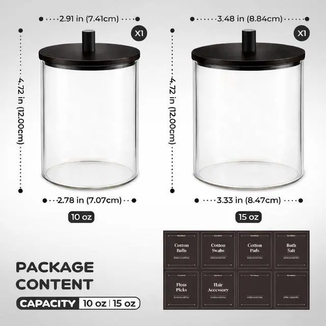 Alt view image 3 of 7 - Glass Qtip Holder Dispenser Set - 15oz & 10oz Cotton Swab Holder with Black Wooden Lids, Apothecary Jar Bathroom Storage Canisters for Cotton Balls, Floss Picks, Vanity Organizer Container (2 Pack)