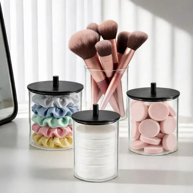 Alt view image 6 of 7 - Glass Qtip Holder Dispenser Set - 15oz & 10oz Cotton Swab Holder with Black Wooden Lids, Apothecary Jar Bathroom Storage Canisters for Cotton Balls, Floss Picks, Vanity Organizer Container (2 Pack)
