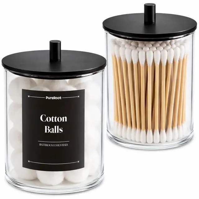 Main image of Glass Qtip Holder Dispenser Set - 15oz & 10oz Cotton Swab Holder with Black Wooden Lids, Apothecary Jar Bathroom Storage Canisters for Cotton Balls, Floss Picks, Vanity Organizer Container (2 Pack)