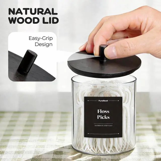 Alt view image 7 of 7 - Glass Qtip Holder Dispenser Set - 15oz & 10oz Cotton Swab Holder with Black Wooden Lids, Apothecary Jar Bathroom Storage Canisters for Cotton Balls, Floss Picks, Vanity Organizer Container (2 Pack)