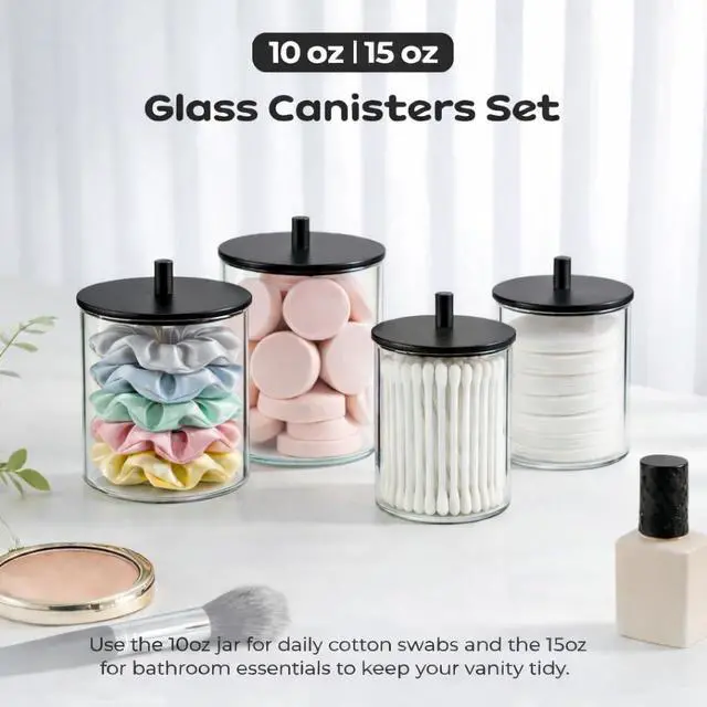 Alt view image 4 of 7 - Glass Qtip Holder Dispenser Set - 15oz & 10oz Cotton Swab Holder with Black Wooden Lids, Apothecary Jar Bathroom Storage Canisters for Cotton Balls, Floss Picks, Vanity Organizer Container (2 Pack)