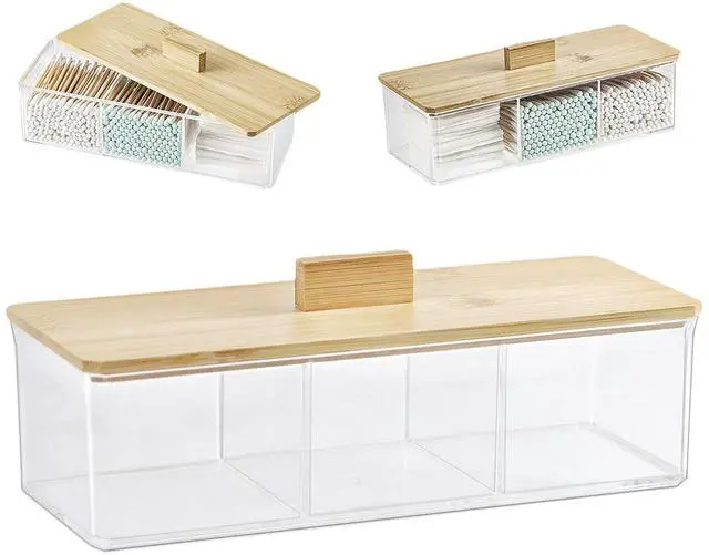 Main image of Clear Bathroom Dresser Organizer - Cotton Ball Swab Holder with 3 Divided Compartments&Lid, Waterproof Transparent Small Plastic Storage Containers, Vanity Makeup Organization