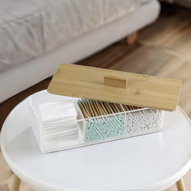Alt view image 4 of 7 - Clear Bathroom Dresser Organizer - Cotton Ball Swab Holder with 3 Divided Compartments&Lid, Waterproof Transparent Small Plastic Storage Containers, Vanity Makeup Organization