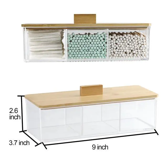 Alt view image 5 of 7 - Clear Bathroom Dresser Organizer - Cotton Ball Swab Holder with 3 Divided Compartments&Lid, Waterproof Transparent Small Plastic Storage Containers, Vanity Makeup Organization