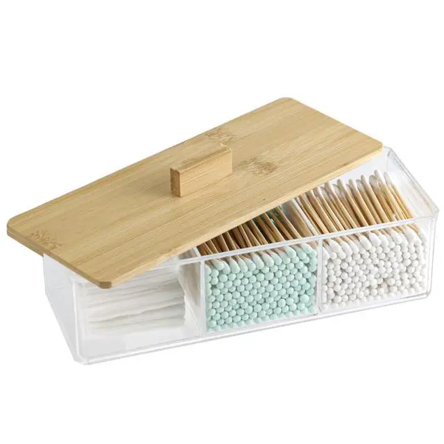 Alt view image 7 of 7 - Clear Bathroom Dresser Organizer - Cotton Ball Swab Holder with 3 Divided Compartments&Lid, Waterproof Transparent Small Plastic Storage Containers, Vanity Makeup Organization