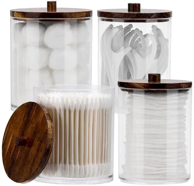 Main image of 4 Pack Qtip Holder Dispenser Cotton Ball, Cotton Swab, Floss - 12oz, 10 oz Clear Plastic Apothecary Jars for Bathroom Organizer and Storage Containers (Brown Wood Lids)