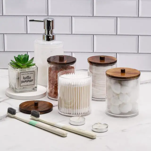 Alt view image 2 of 7 - 4 Pack Qtip Holder Dispenser Cotton Ball, Cotton Swab, Floss - 12oz, 10 oz Clear Plastic Apothecary Jars for Bathroom Organizer and Storage Containers (Brown Wood Lids)