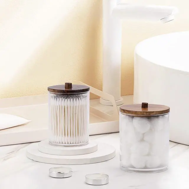 Alt view image 3 of 7 - 4 Pack Qtip Holder Dispenser Cotton Ball, Cotton Swab, Floss - 12oz, 10 oz Clear Plastic Apothecary Jars for Bathroom Organizer and Storage Containers (Brown Wood Lids)