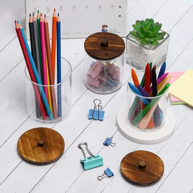 Alt view image 5 of 7 - 4 Pack Qtip Holder Dispenser Cotton Ball, Cotton Swab, Floss - 12oz, 10 oz Clear Plastic Apothecary Jars for Bathroom Organizer and Storage Containers (Brown Wood Lids)