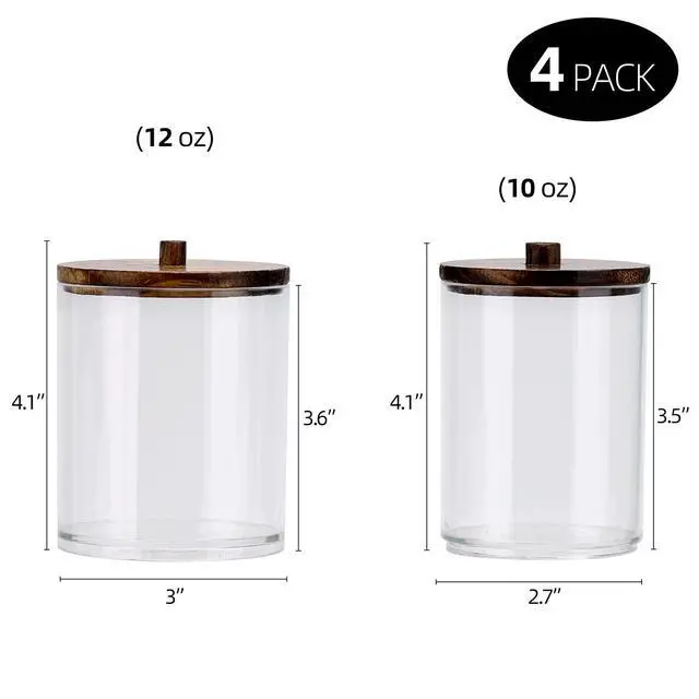 Alt view image 7 of 7 - 4 Pack Qtip Holder Dispenser Cotton Ball, Cotton Swab, Floss - 12oz, 10 oz Clear Plastic Apothecary Jars for Bathroom Organizer and Storage Containers (Brown Wood Lids)