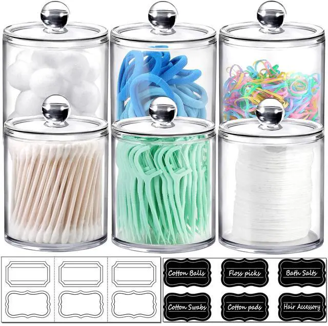 Main image of 6-Pack Clear Acrylic Apothecary Jars with Labels - (3) 10oz & (3) 12oz Qtip Holder Set - Shatterproof Bathroom Vanity Organizer for Cotton Swabs, Balls, Pads - Minimalist Decor