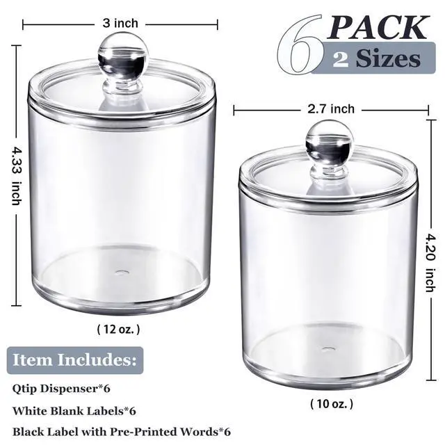 Alt view image 3 of 7 - 6-Pack Clear Acrylic Apothecary Jars with Labels - (3) 10oz & (3) 12oz Qtip Holder Set - Shatterproof Bathroom Vanity Organizer for Cotton Swabs, Balls, Pads - Minimalist Decor