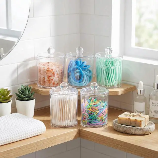 Alt view image 4 of 7 - 6-Pack Clear Acrylic Apothecary Jars with Labels - (3) 10oz & (3) 12oz Qtip Holder Set - Shatterproof Bathroom Vanity Organizer for Cotton Swabs, Balls, Pads - Minimalist Decor