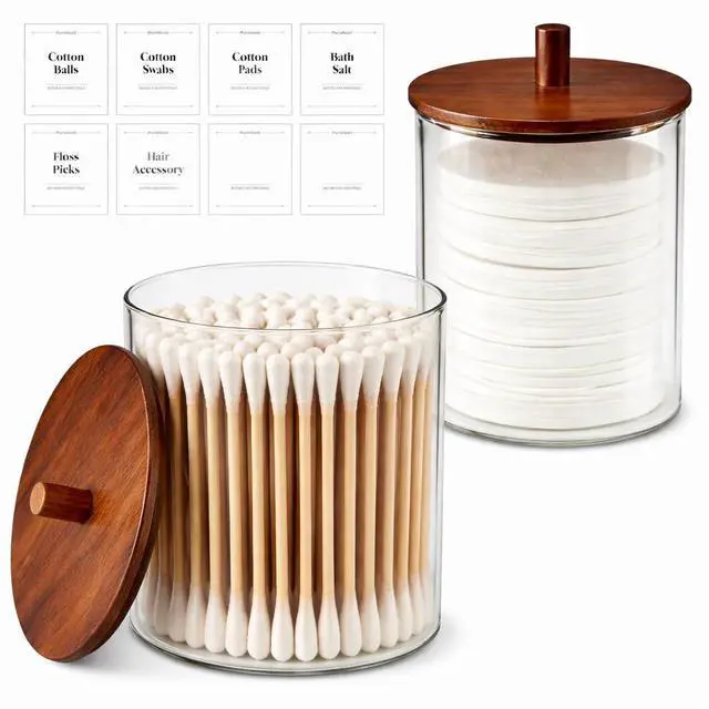 Main image of Glass Qtip Holder Dispenser Set - 15oz & 10oz Cotton Swab Holder with Acacia Wooden Lids, Bathroom Canisters Apothecary Jar Vanity Storage Organizer for Cotton Balls, Floss Picks (2 Pack)