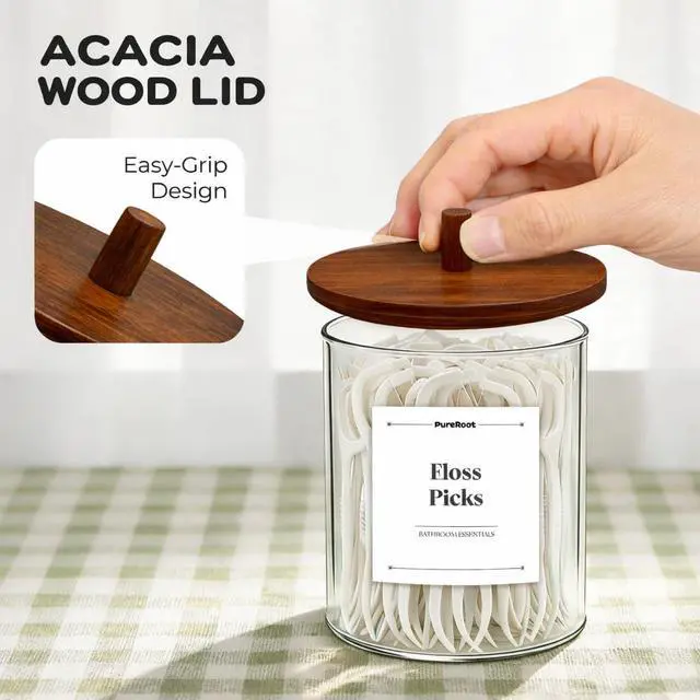 Alt view image 2 of 7 - Glass Qtip Holder Dispenser Set - 15oz & 10oz Cotton Swab Holder with Acacia Wooden Lids, Bathroom Canisters Apothecary Jar Vanity Storage Organizer for Cotton Balls, Floss Picks (2 Pack)