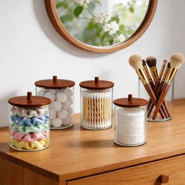 Alt view image 3 of 7 - Glass Qtip Holder Dispenser Set - 15oz & 10oz Cotton Swab Holder with Acacia Wooden Lids, Bathroom Canisters Apothecary Jar Vanity Storage Organizer for Cotton Balls, Floss Picks (2 Pack)