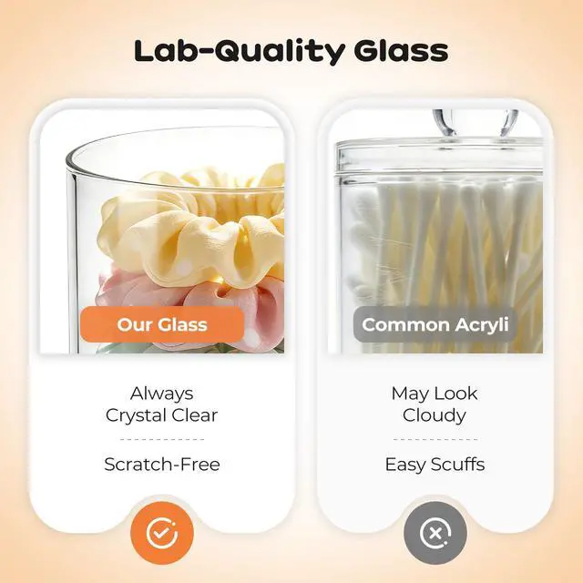 Alt view image 4 of 7 - Glass Qtip Holder Dispenser Set - 15oz & 10oz Cotton Swab Holder with Acacia Wooden Lids, Bathroom Canisters Apothecary Jar Vanity Storage Organizer for Cotton Balls, Floss Picks (2 Pack)