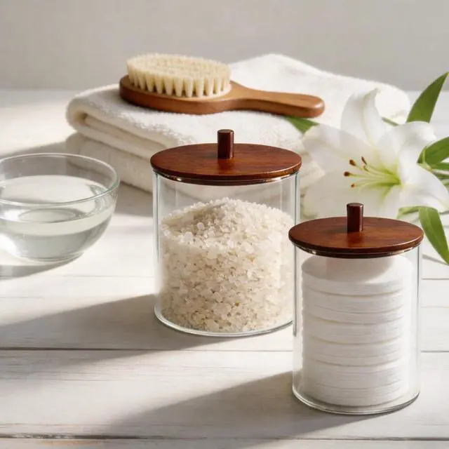 Alt view image 5 of 7 - Glass Qtip Holder Dispenser Set - 15oz & 10oz Cotton Swab Holder with Acacia Wooden Lids, Bathroom Canisters Apothecary Jar Vanity Storage Organizer for Cotton Balls, Floss Picks (2 Pack)