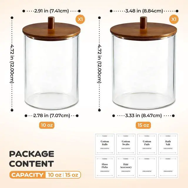 Alt view image 6 of 7 - Glass Qtip Holder Dispenser Set - 15oz & 10oz Cotton Swab Holder with Acacia Wooden Lids, Bathroom Canisters Apothecary Jar Vanity Storage Organizer for Cotton Balls, Floss Picks (2 Pack)