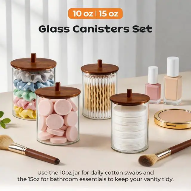 Alt view image 7 of 7 - Glass Qtip Holder Dispenser Set - 15oz & 10oz Cotton Swab Holder with Acacia Wooden Lids, Bathroom Canisters Apothecary Jar Vanity Storage Organizer for Cotton Balls, Floss Picks (2 Pack)