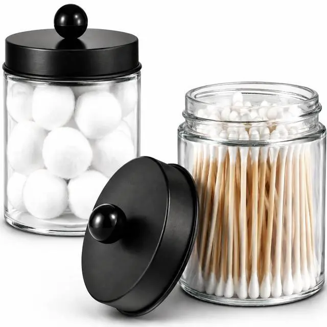 Main image of Apothecary Jars Bathroom Storage Organizer - Cute Qtip Dispenser Holder Vanity Canister Jar Glass with Lid for Cotton Swabs,Rounds,Bath Salts,Makeup Sponges,Hair Accessories/Black2 Pack