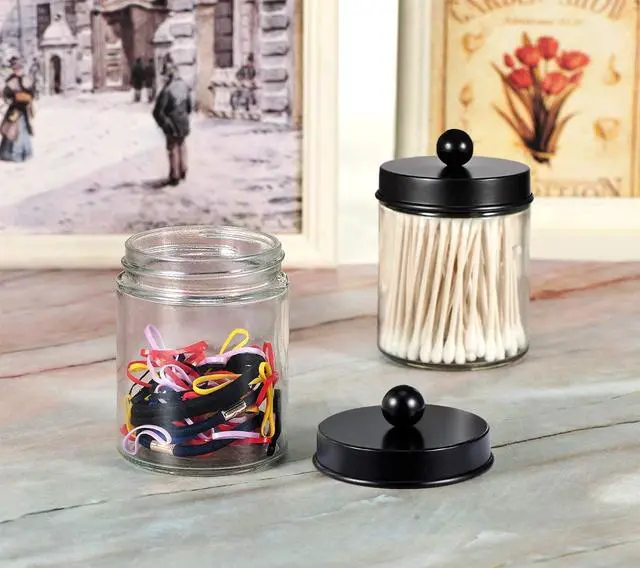 Alt view image 5 of 7 - Apothecary Jars Bathroom Storage Organizer - Cute Qtip Dispenser Holder Vanity Canister Jar Glass with Lid for Cotton Swabs,Rounds,Bath Salts,Makeup Sponges,Hair Accessories/Black2 Pack