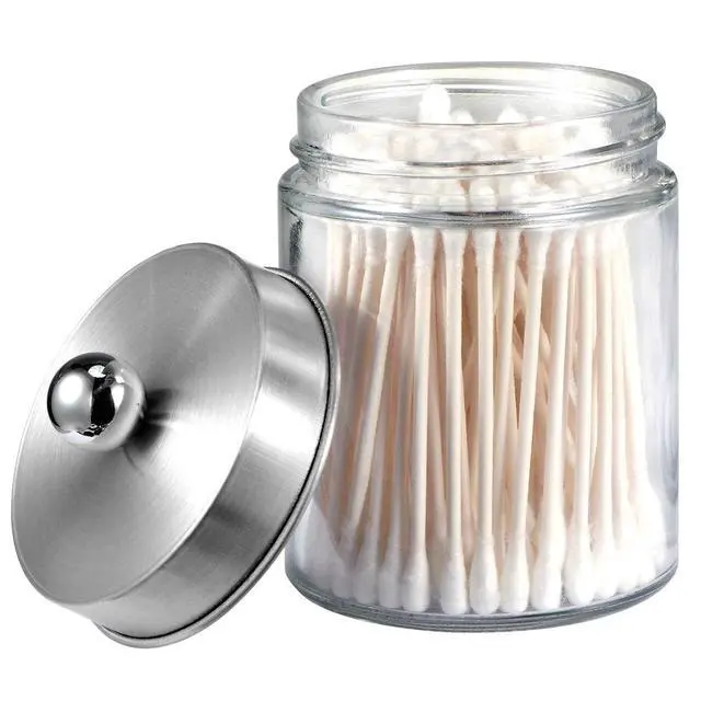 Alt view image 2 of 7 - Apothecary Jars Bathroom Vanity Organizer -Countertop Canister Jar with Storage Lid - Qtip Dispenser Holder Glass for Qtips,Cotton Swabs,Makeup Sponges,Hair Band - Brushed Nickel (1 Pack)