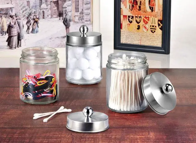 Alt view image 4 of 7 - Apothecary Jars Bathroom Vanity Organizer -Countertop Canister Jar with Storage Lid - Qtip Dispenser Holder Glass for Qtips,Cotton Swabs,Makeup Sponges,Hair Band - Brushed Nickel (1 Pack)