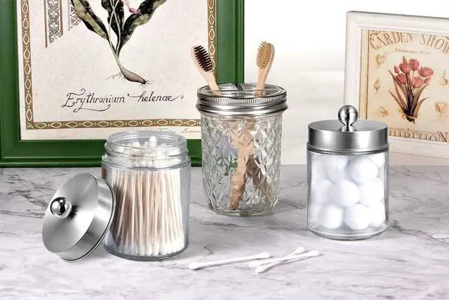 Alt view image 5 of 7 - Apothecary Jars Bathroom Vanity Organizer -Countertop Canister Jar with Storage Lid - Qtip Dispenser Holder Glass for Qtips,Cotton Swabs,Makeup Sponges,Hair Band - Brushed Nickel (1 Pack)