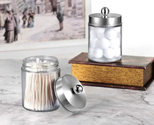 Alt view image 6 of 7 - Apothecary Jars Bathroom Vanity Organizer -Countertop Canister Jar with Storage Lid - Qtip Dispenser Holder Glass for Qtips,Cotton Swabs,Makeup Sponges,Hair Band - Brushed Nickel (1 Pack)