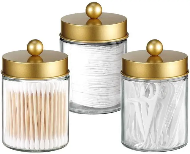 Main image of Apothecary Jar Canisters Bathroom Vanity Organizer - Qtip Holder Storage Organizer Countertop -Stainless Steel Lids &Cute Stickers for Qtips,Cotton Swabs,Makeup Sponges,Floss(3 Pack) (Gold)