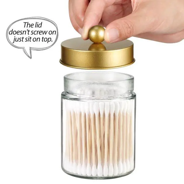 Alt view image 3 of 7 - Apothecary Jar Canisters Bathroom Vanity Organizer - Qtip Holder Storage Organizer Countertop -Stainless Steel Lids &Cute Stickers for Qtips,Cotton Swabs,Makeup Sponges,Floss(3 Pack) (Gold)